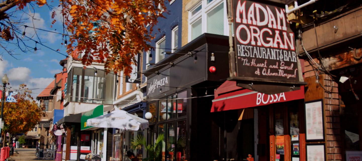 Storefronts along 18th St., NW in Adams Morgan.