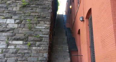 The "Exorcist" stairs in Georgetown, which did not figure in the actual case that inspired the movie. (Source: Wikipedia user SDC. Image released to Public Domain.)