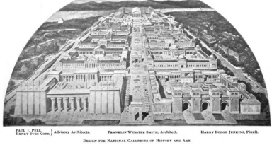 A drawing of the Galleries showing eight courtyards flanking a long avenue terminating in a large complex of Greek-style buildings next to the Potomac river