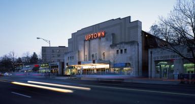 The Uptown Theater at dusk with car headlights. (Source: Carol M. Highsmith Collection, Library of Congress)