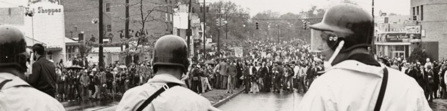Student protesters face down riot police on Route 1, University of Maryland, 1970 (Photo source: University of Maryland Special Collections)