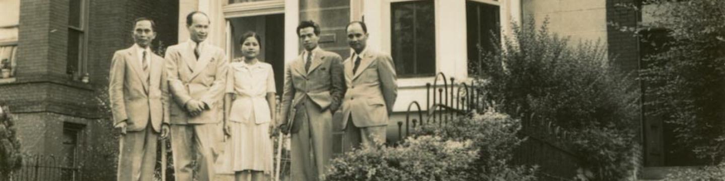 Juliana (center) and Rudolfo Panganiban (far right) with friends in front of the Manila House, 1944.