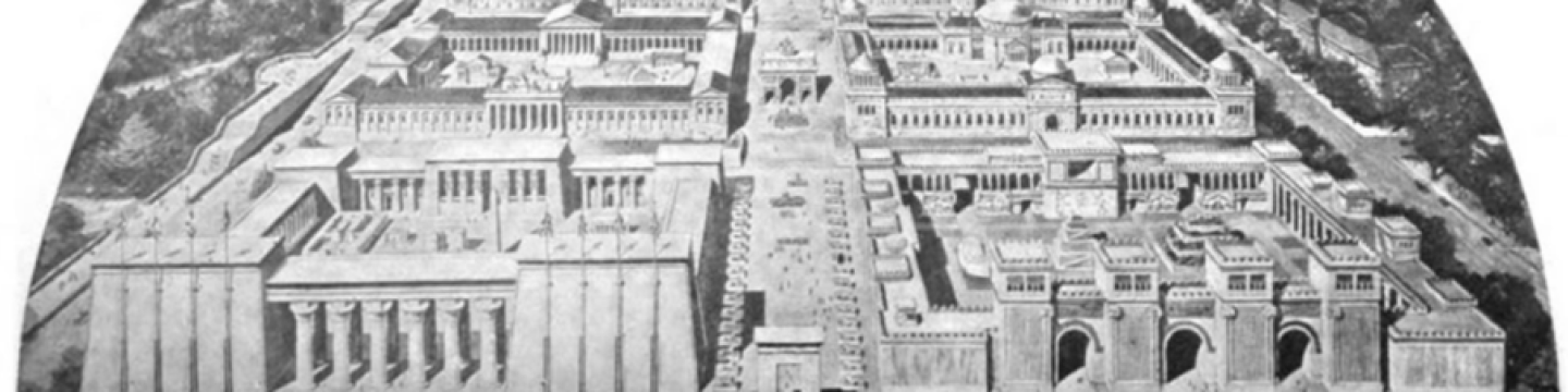 A drawing of the Galleries showing eight courtyards flanking a long avenue terminating in a large complex of Greek-style buildings next to the Potomac river