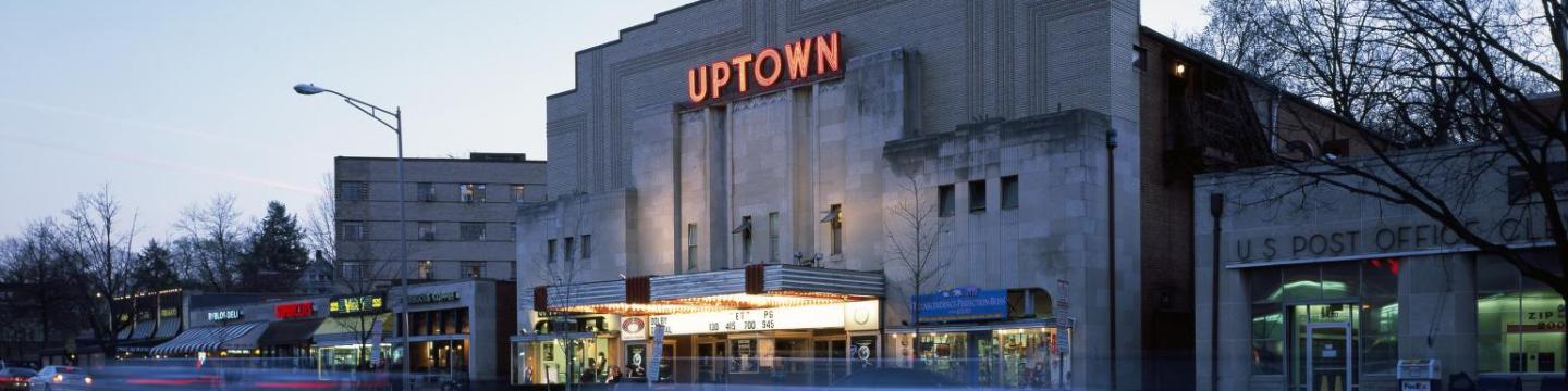 The Uptown Theater at dusk with car headlights. (Source: Carol M. Highsmith Collection, Library of Congress)