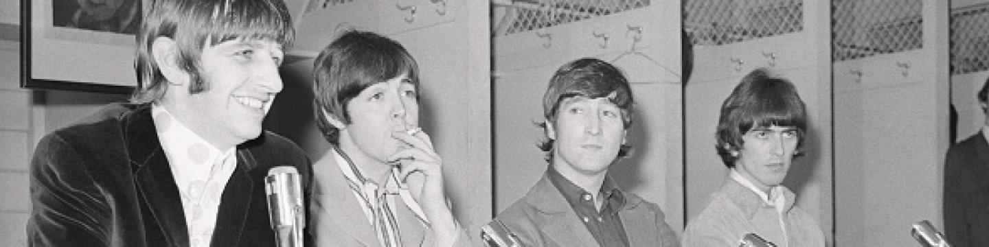 The Beatles hold a press conference in the Washington Senators' locker room at D.C. Stadium, August 15 1966. (Source: Bettmann/Getty Images)